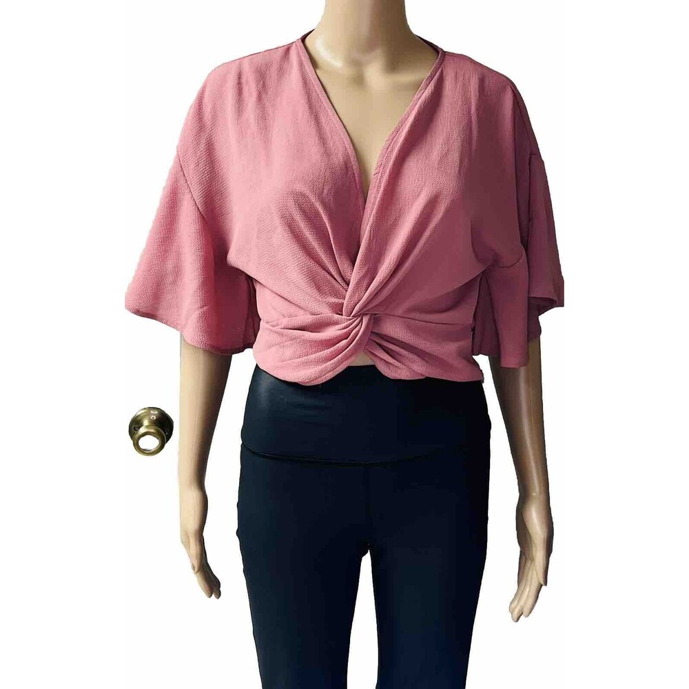 Active USA Blouse Size M Top Shirt Mauve Pink Knot Front Cropped Side Zip Yoga